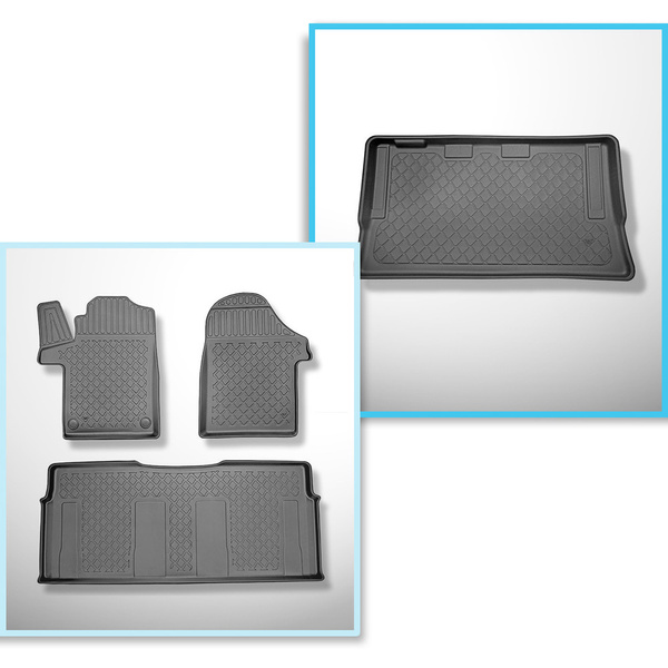 Set Kofferraumschale und angepasste Autoteppiche TPE für: Mercedes-Benz EQV 300 Van (10.2020-....) - lange Version (Radstand 3.200 mm;Autolänge 5.140 mm);hinter der dritten Sitzreihe;ohne geteilten Gepäckraum;ohne 3. Sitzreihe;Vorderteil muss abgeschnitte